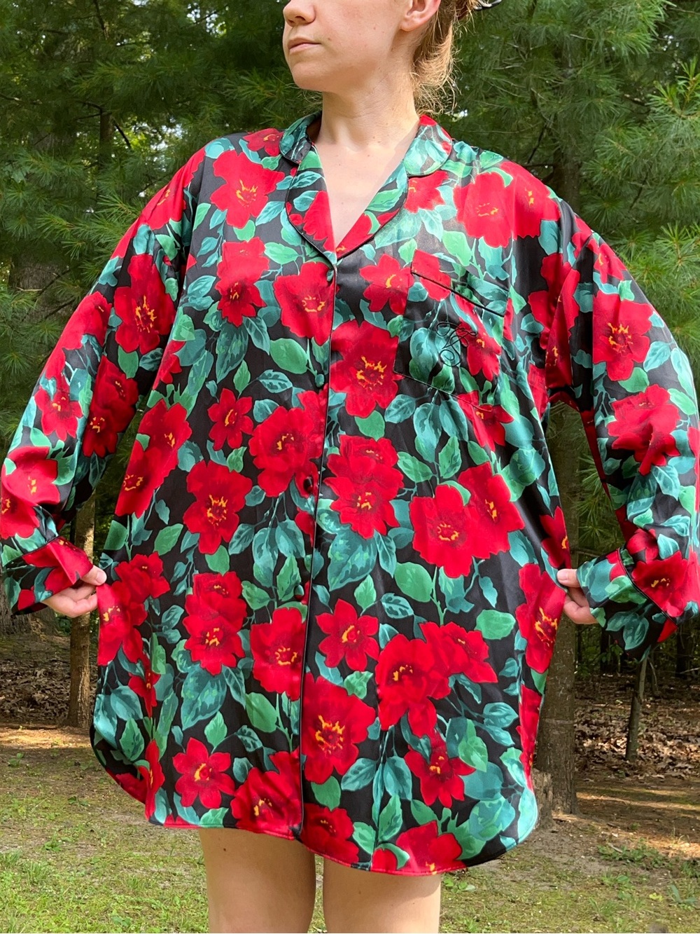 90s Victoria’s Secret Gold Tag Satin Floral Button-Up Pajama Shirt Glam Retro - Picture 8 of 15